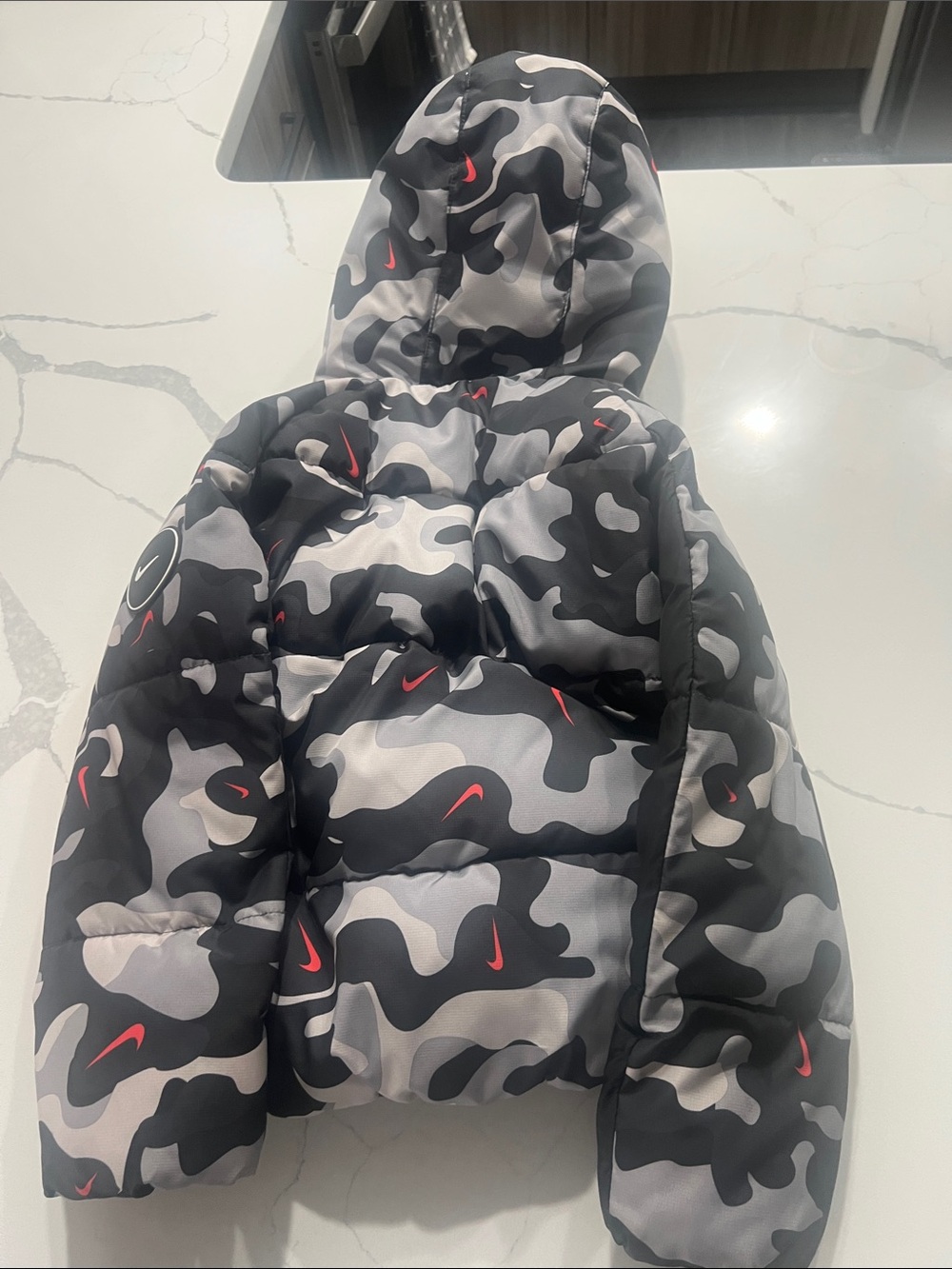 Nike Kids Black & Gray Camo Puffer Jacket with Red Swoosh - Picture 9 of 9